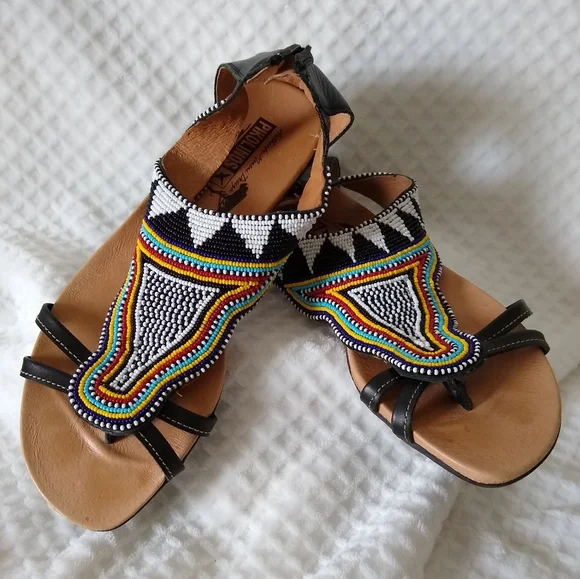 PIKOLINOS Spain Black Leather Sandals with Intricate Beadwork Sz 39